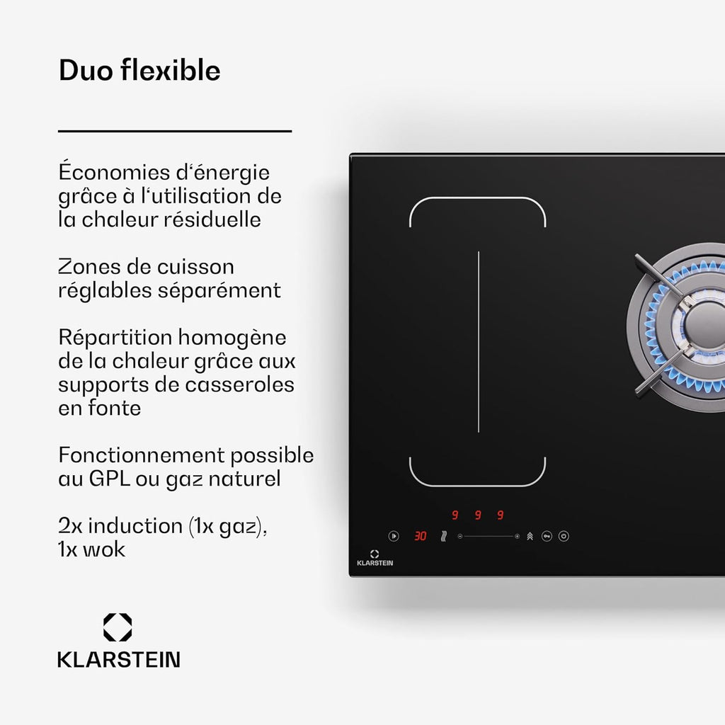 Klarstein MultiChef 5 Plaque Induction Et Gaz - Table De Cuisson À, 5 Zones, Flexzone, Stop&Go, Minuterie, Supports En Fonte, Noir, 87.5Cm