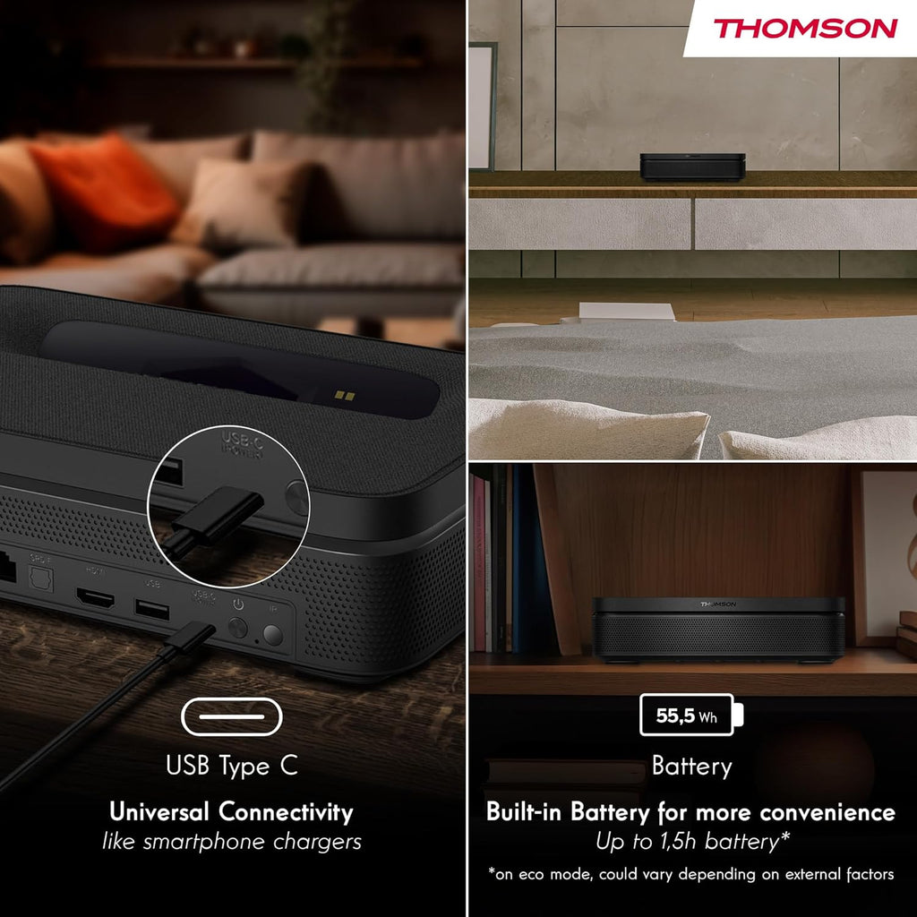 Thomson Sirius PG55B Projecteur Laser Intelligent Portable avec Google TV, Batterie Intégrée, Ultra Courte Focale, 600 Lumens ANSI, HDR10+, Dolby Audio, Mise au Point Automatique, WiFi, Bluetooth–Noir