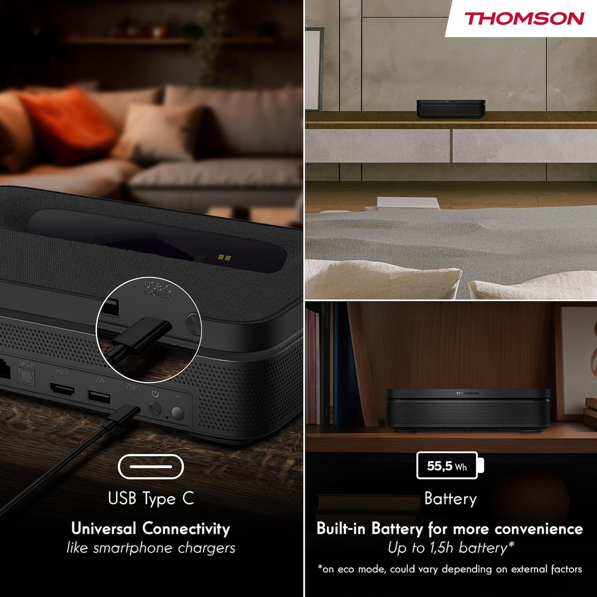 Thomson Sirius PG55B Projecteur Laser Intelligent Portable avec Google TV, Batterie Intégrée, Ultra Courte Focale, 600 Lumens ANSI, HDR10+, Dolby Audio, Mise au Point Automatique, WiFi, Bluetooth–Noir