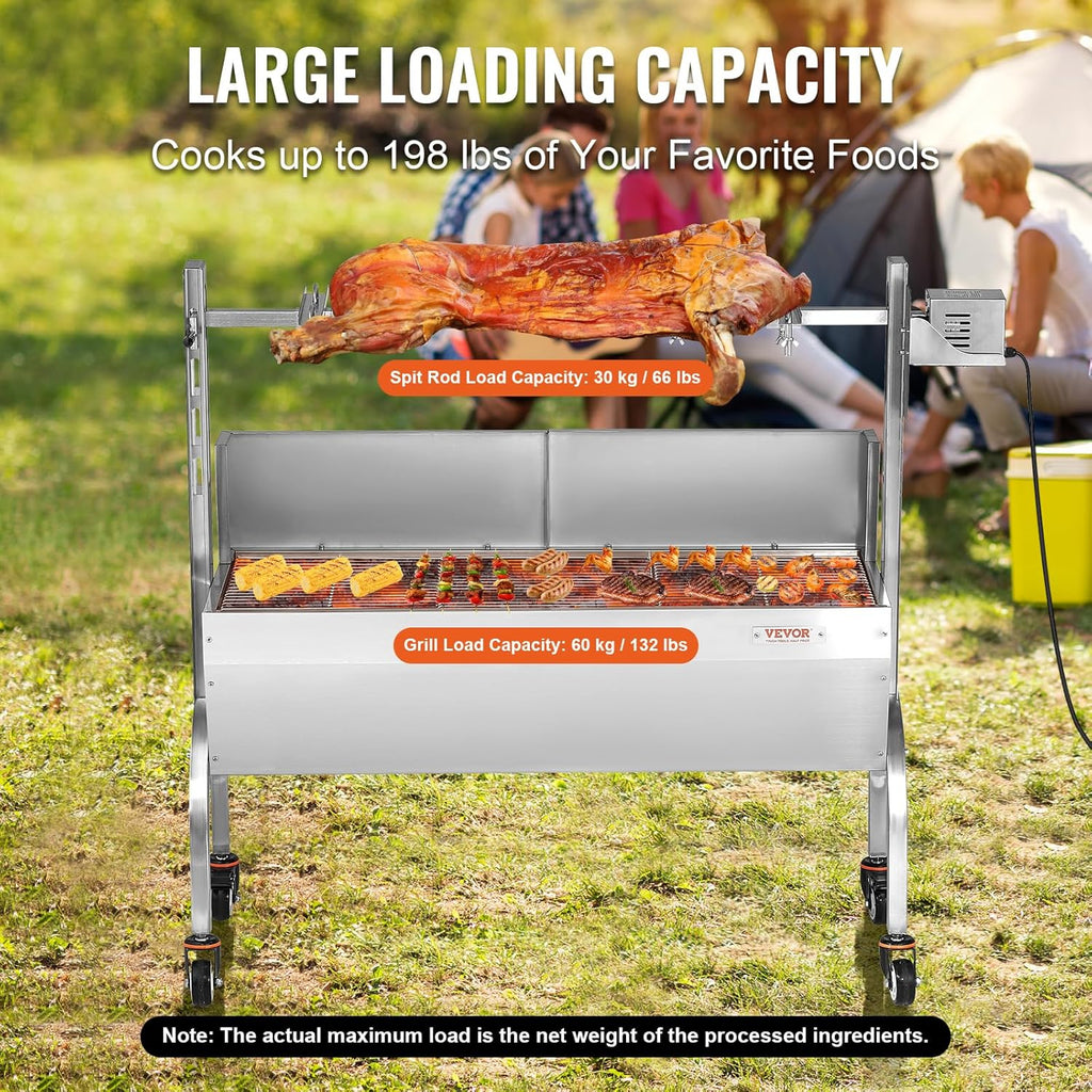 VEVOR Barbecue à Charbon avec Tournebroche Électrique 52 W Charge 90 kg, Rôtissoire Barbecue 118,5 cm, en Inox, avec Pare-Brise et Roues Verrouillables, pour Rôtir Agneau Porcelet Poulet Camping