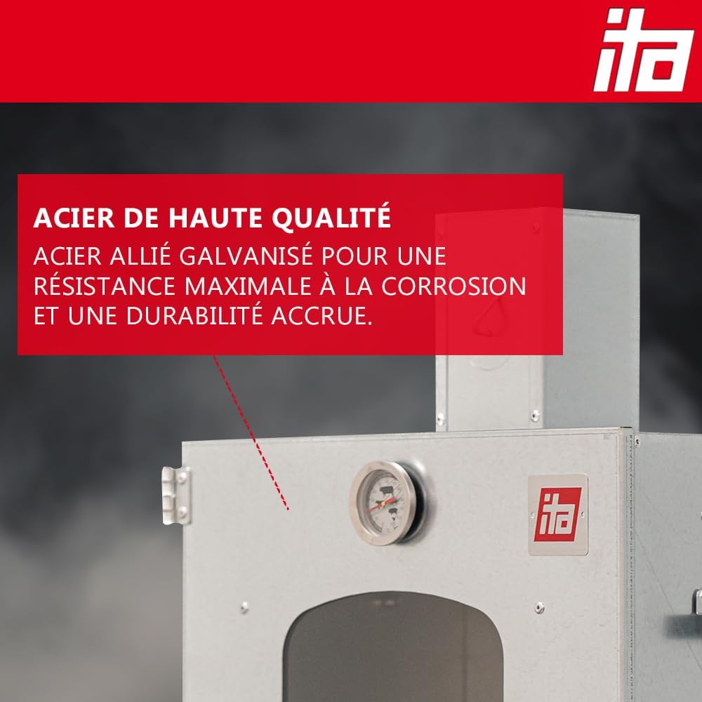 ITA Fumoir Électrique 7012 - Set Smoker avec Chauffage, générateur de fumée - Armoire avec fenêtre & cheminée - Acier allié - Qualité UE, Direct Fabricant - 81 cm avec 3 Niveaux