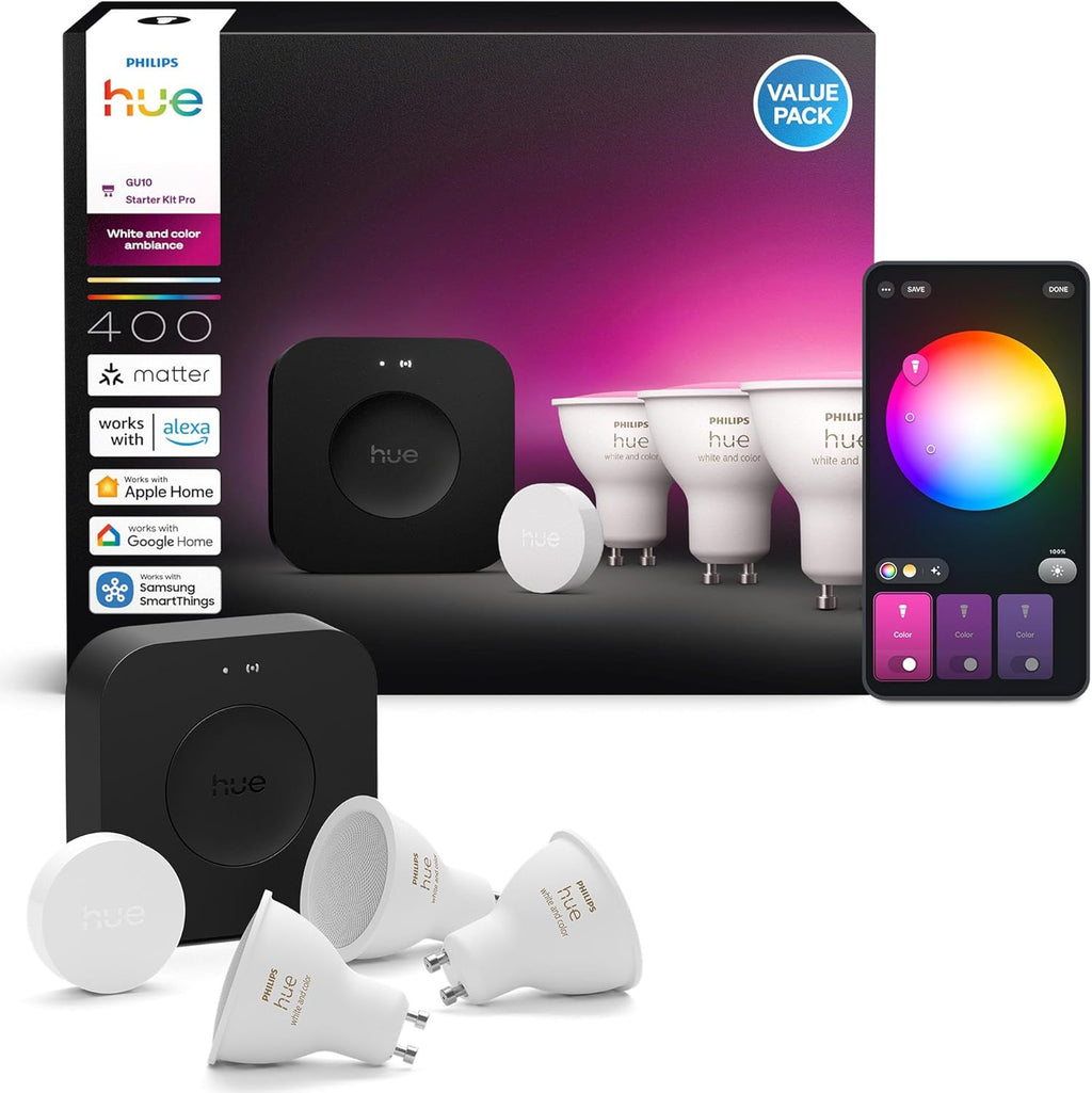 Hue Kit de Démarrage : Bridge Pro + 3 Spots GU10 + Smart Button, White & Color Ambiance, Ampoule HUE dimmable, Éclairage connecté compatible Home, Alexa, Google Assistant