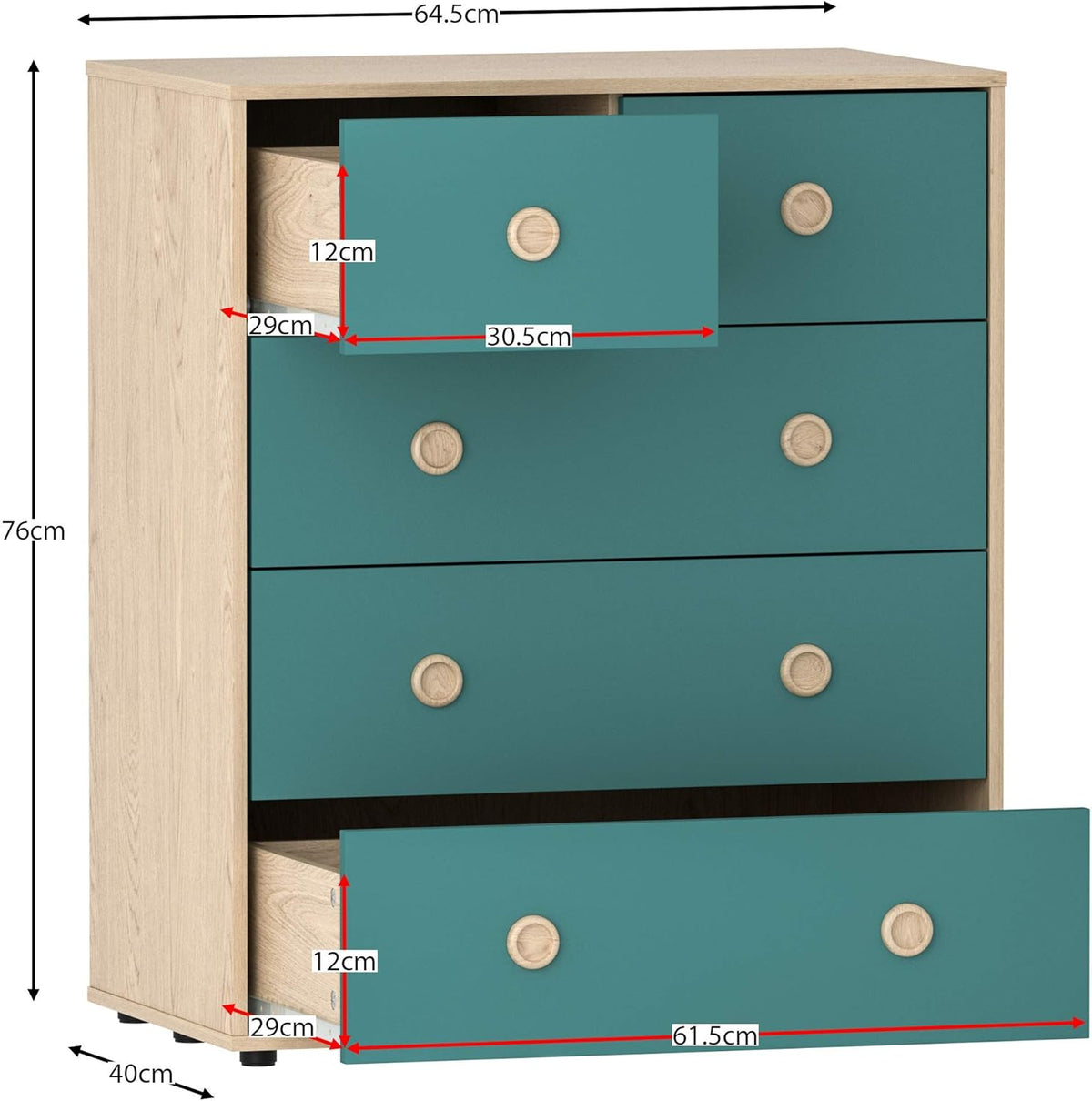 Junior Vida Neptune Ensemble de meubles de chambre à coucher 3 pièces avec table de chevet à 2 tiroirs, commode à 5 tiroirs, armoire à 1 porte (bleu et chêne)