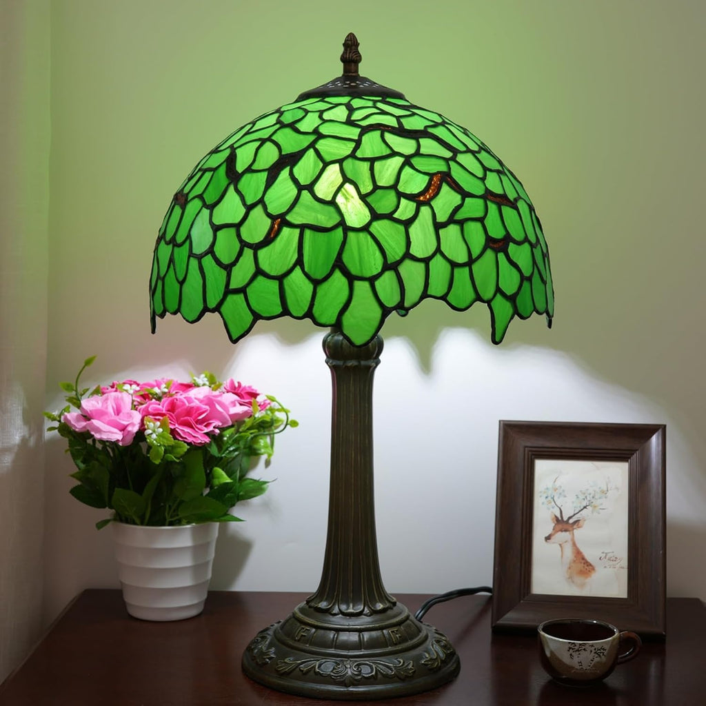 Lywins Tiffany Lampe de Table Vitrail Abat-jour E27 30cm Feuilles Vertes Invité Salle a Manger Bar Lampe Étude Chambre Chevet Lampe De Bureau
