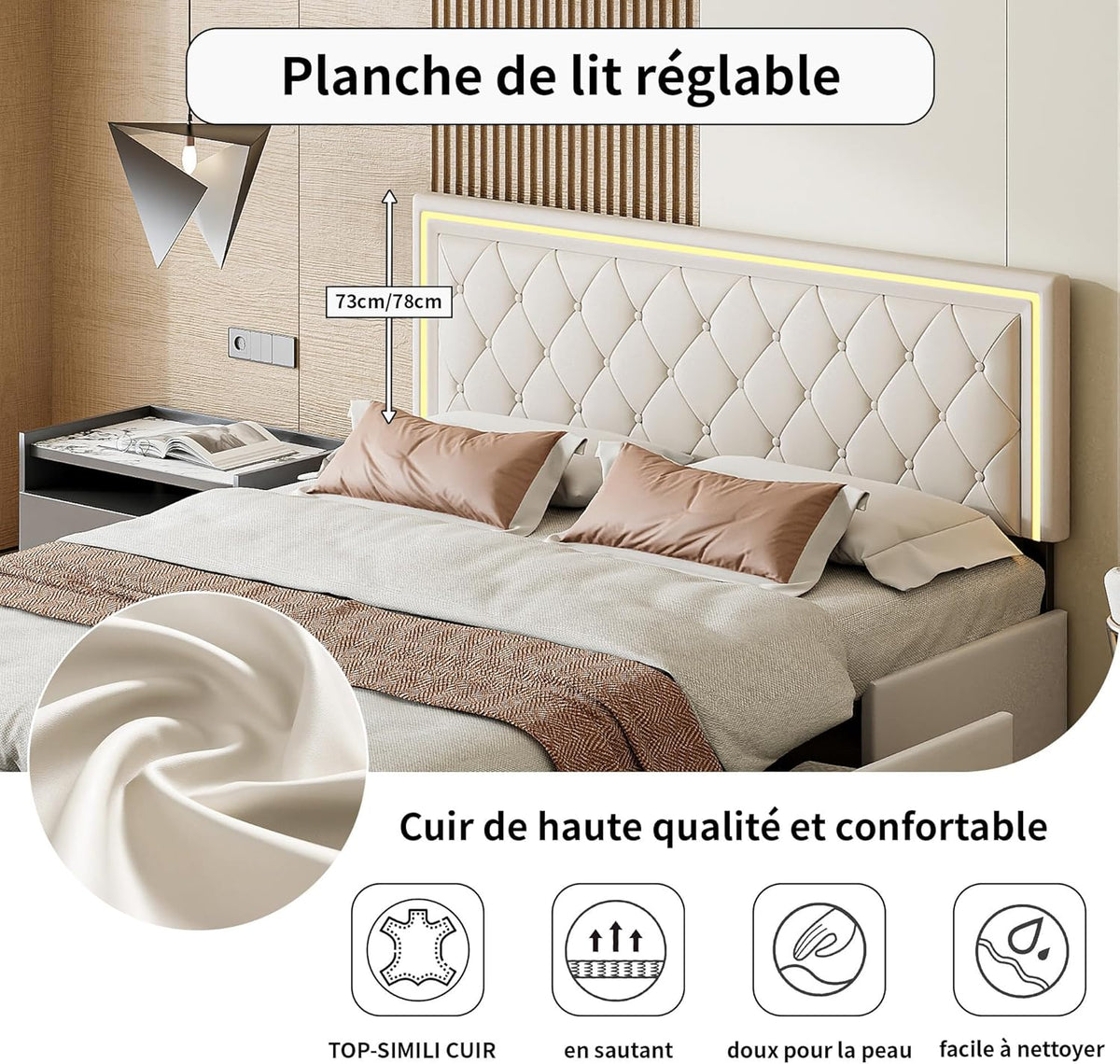 LONELYO Cadre de lit 160x200 avec sommier et Rangement - Lit Coffre capitonné PU avec LED et tiroirs, Design Moderne pour Chambre Adulte 160x200