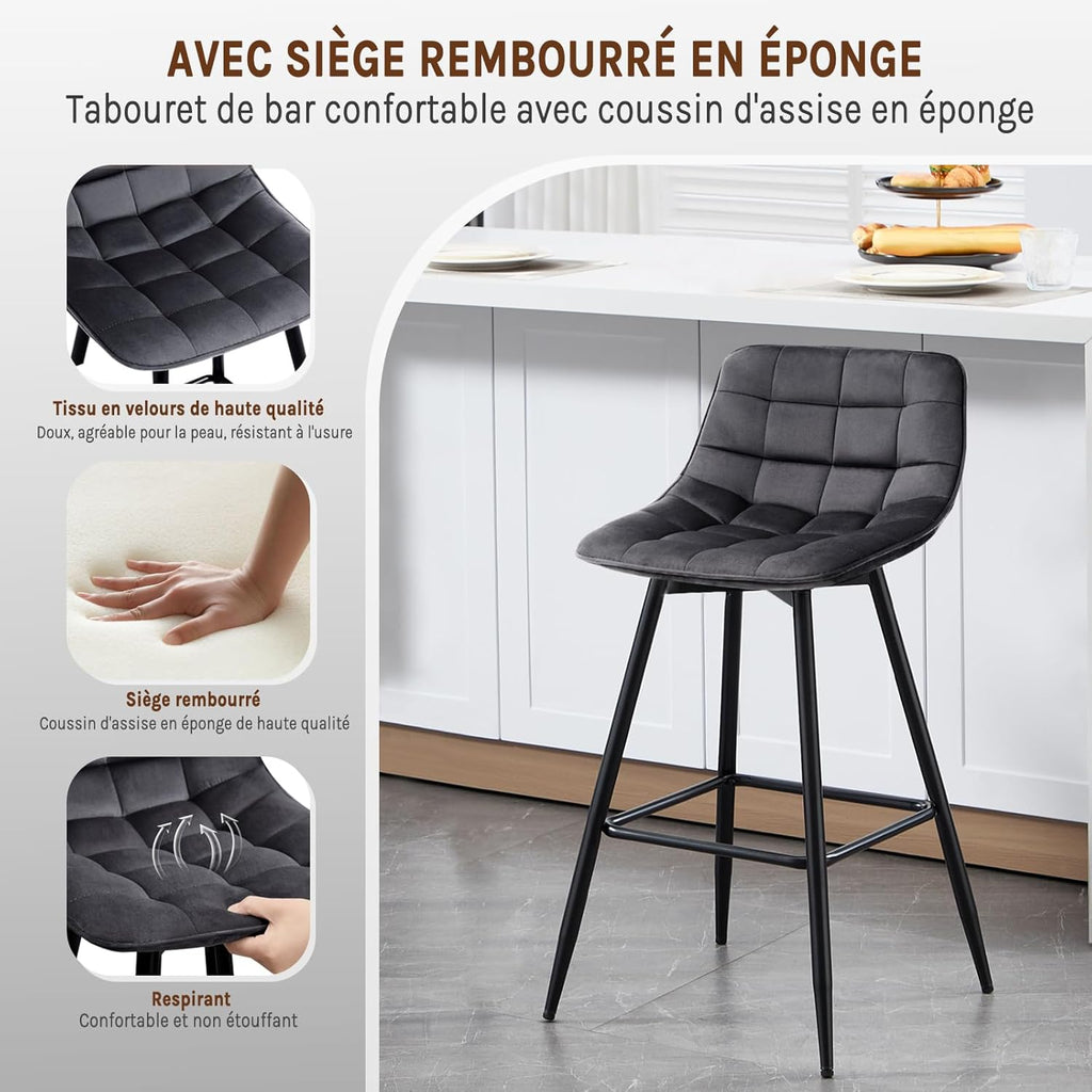 WOLTU 4 X Tabouret de Bar Bistro Chaise de Bar Assise rembourrée en Velours avec Pieds et Repose-Pieds en métal,Gris Foncé BH143dgr-4