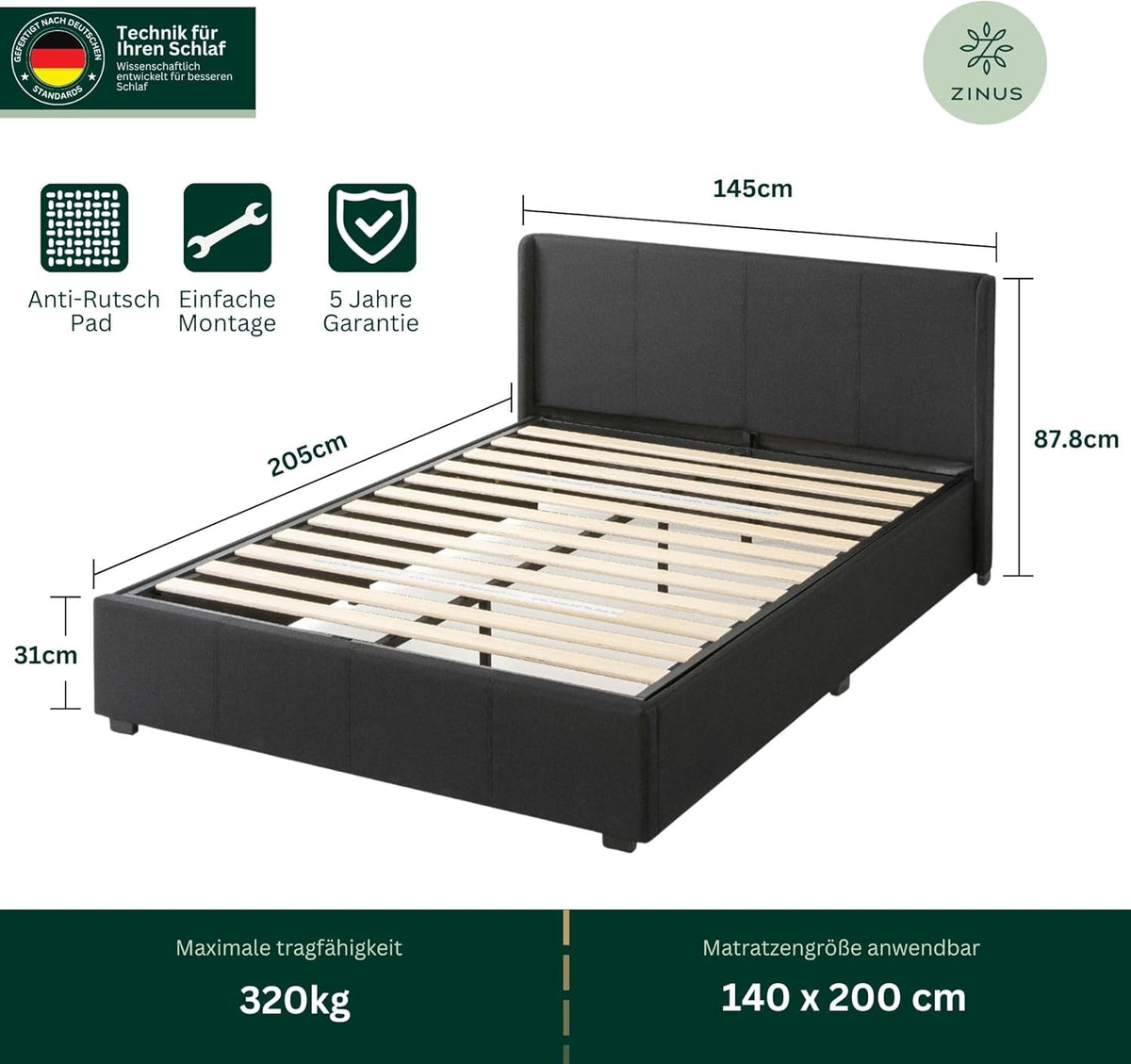 Zinus Maddon Lit 140 x 200 cm - Hauteur 31 cm avec Espace de Rangement sous Le lit - Cadre de lit rembourré avec Espace de Rangement - Noir