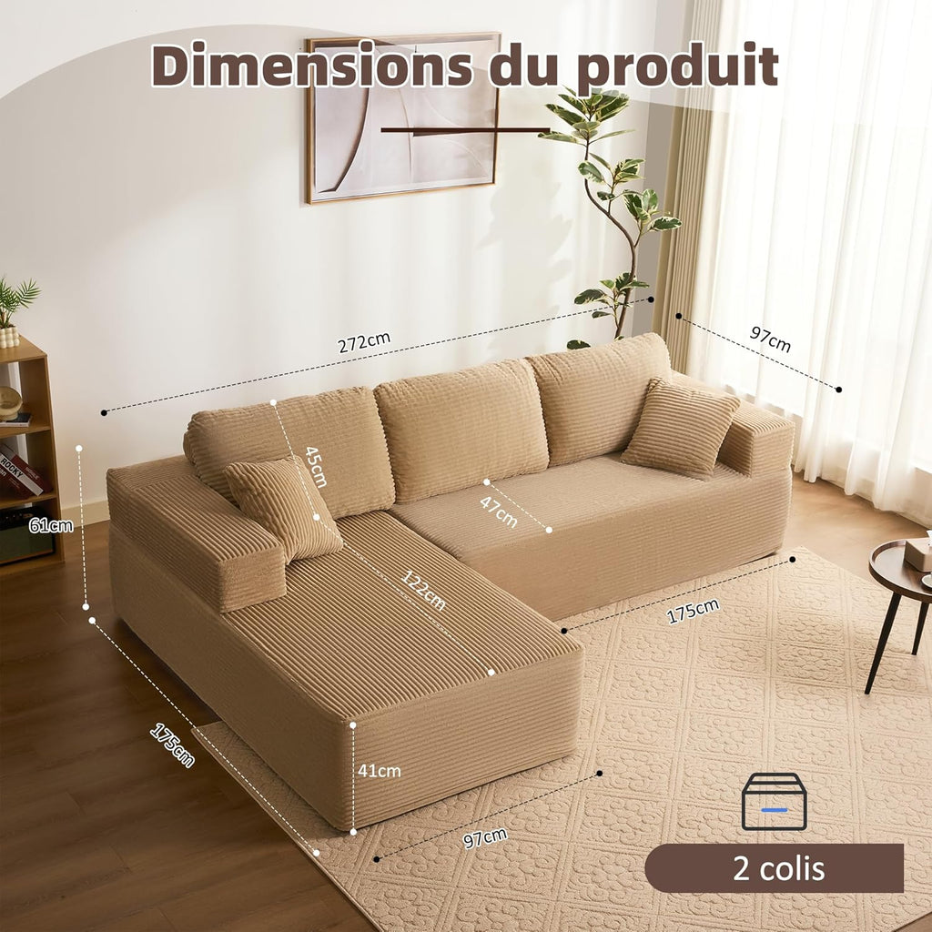 272 cm Canapé d'angle en Forme de L avec Fonction Couchage - Canapé modulaire avec méridienne Gauche - Assise Extra Profonde - Canapé-lit pour Salon (Camel, Méridienne Gauche)