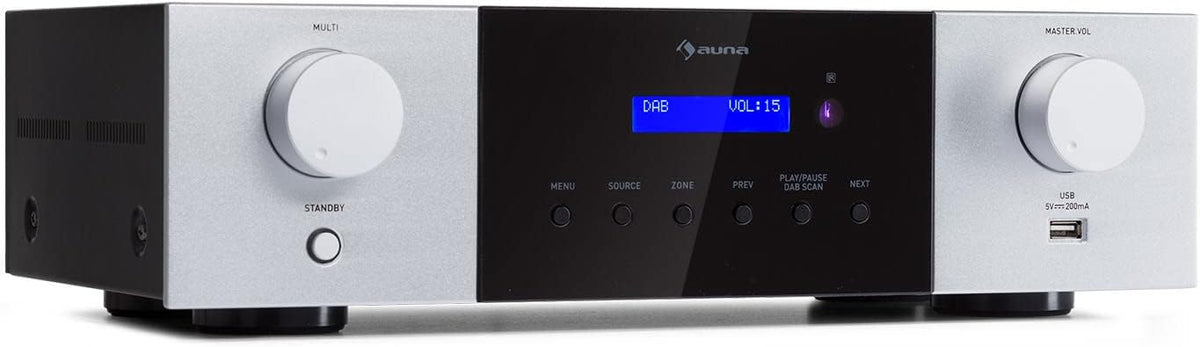 AUNA AMP-4000 Radio DAB+, Amplificateur Stéréo HiFi avec Télécommande USB, Écran LED, Noir et Blanc