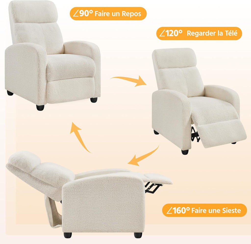 Yaheetech Fauteuil de Relaxation Chaise de Détente Siège de Canapé Fauteuil en Tissu Bouclette Doux avec Repose Pied/Chambre à Coucher/Home Cinéma/Salon Ivoire