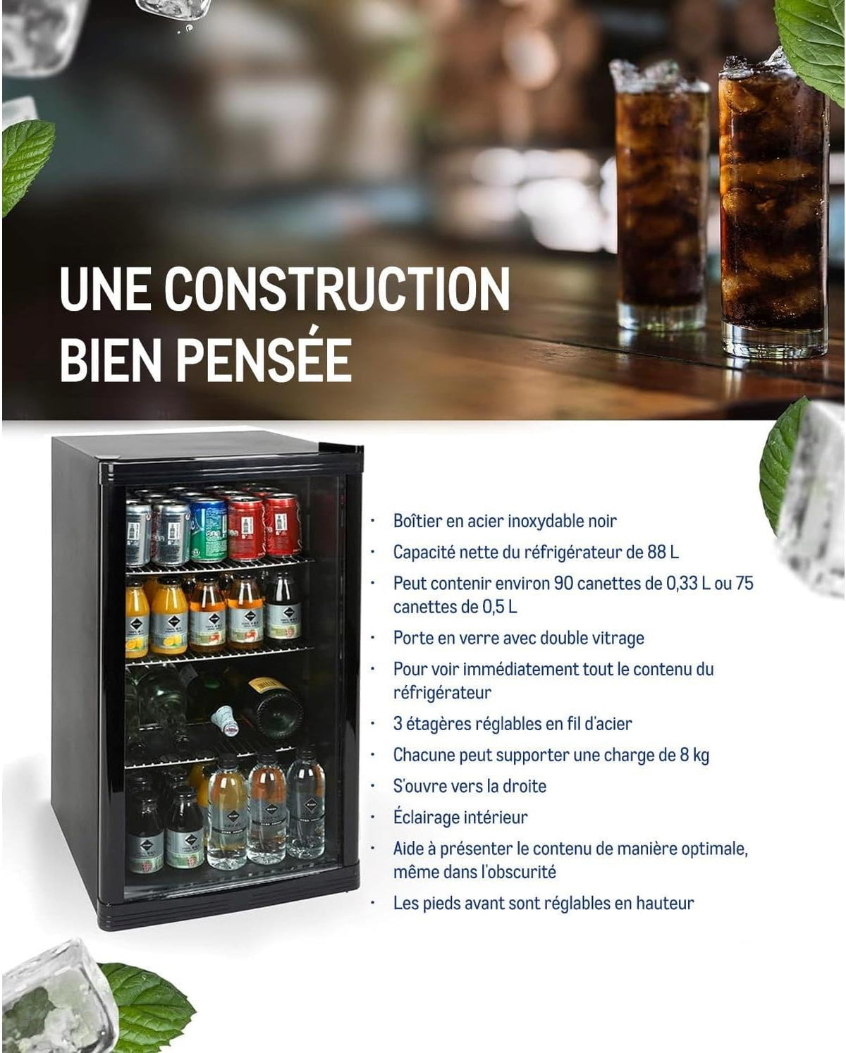 METRO Professional Réfrigérateur à boissons GPC1088, métal/verre, 43 x 49 x 83 cm, 88 L, réfrigération statique, noir
