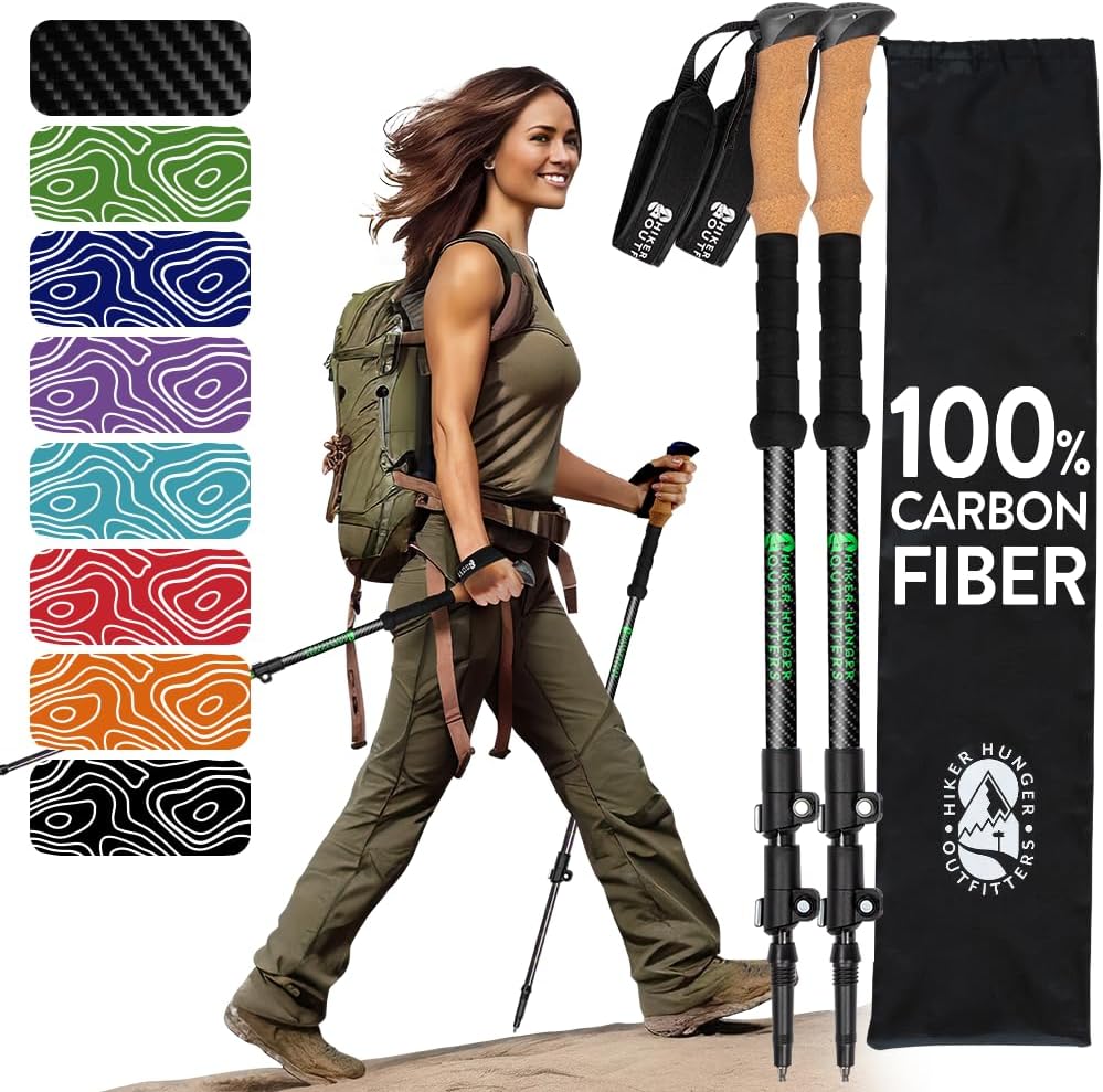 Pôles de Trekking 100% Fibre de Carbone de la Marque USA – Poles de randonnée Ultra Solides, légers, Pliables avec poignées en liège ou Mousse EVA et Fermetures à Rabat réglables Rapides