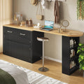 KOMHTOM Table de Bar Extensible avec Espace de Rangement, Meuble Bar avec 2 Portes en Verre, Rotation Libre à 360 °, étagères latérales (Noir-3)