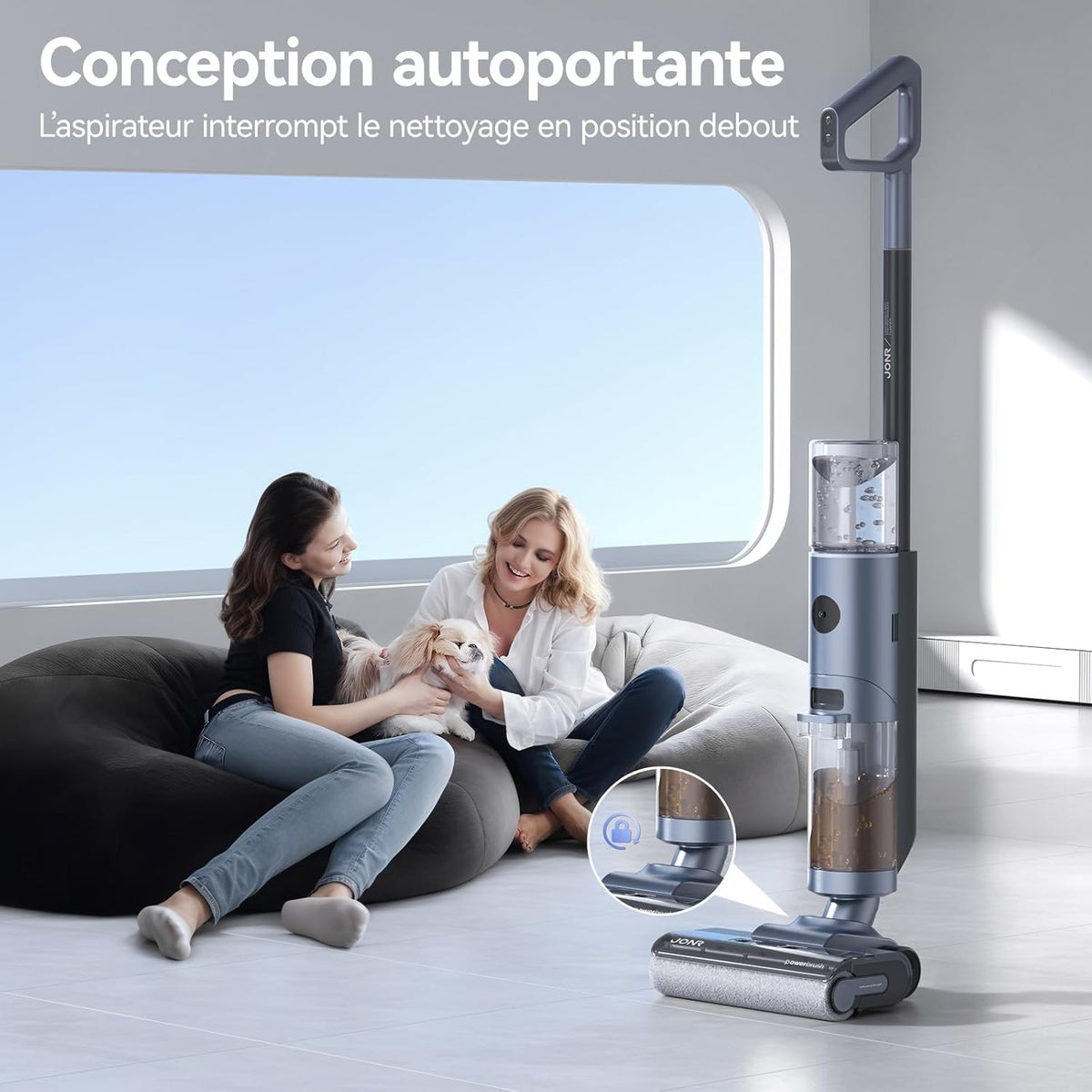 JONR ED12 Pro Aspirateur Laveur sans Fil, Nettoyage à Trois tranchants, Balai aspirateur Laveur 3 en 1, Auto-Nettoyage à l'eau Chaude, Séchage à l'Air Chaud pour Sols Durs et Poils d'animaux
