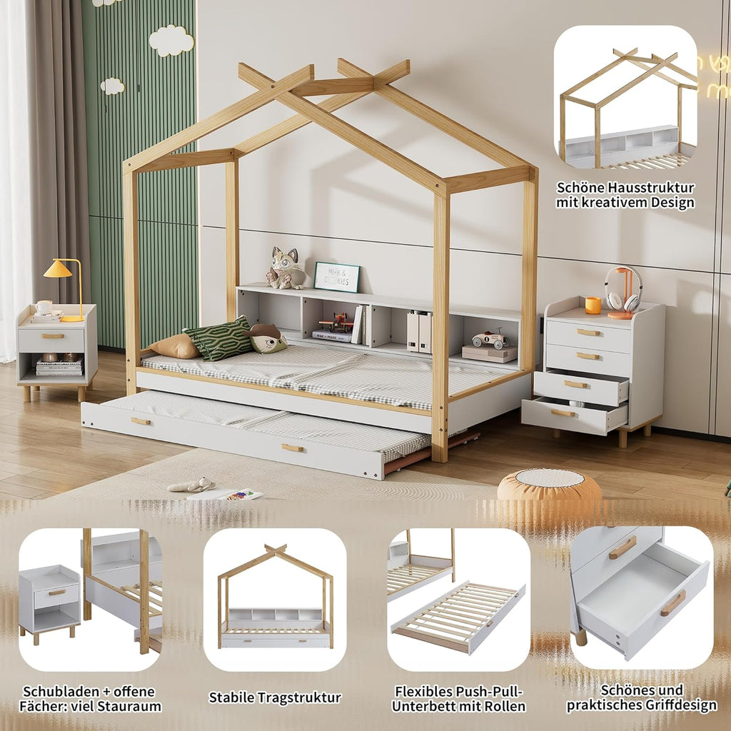 I0I&I0I Ensemble de chambre d'enfant - Blanc + naturel - Lit de maison + table de chevet + commode - MDF + pin (205 x 202 x 187,5 cm)