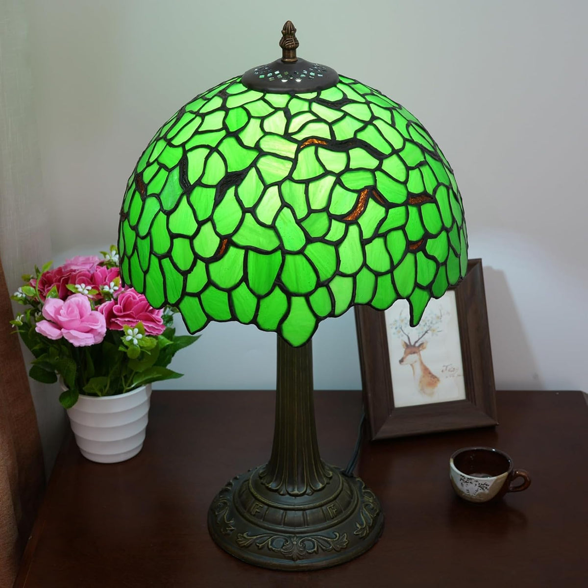 Lywins Tiffany Lampe de Table Vitrail Abat-jour E27 30cm Feuilles Vertes Invité Salle a Manger Bar Lampe Étude Chambre Chevet Lampe De Bureau