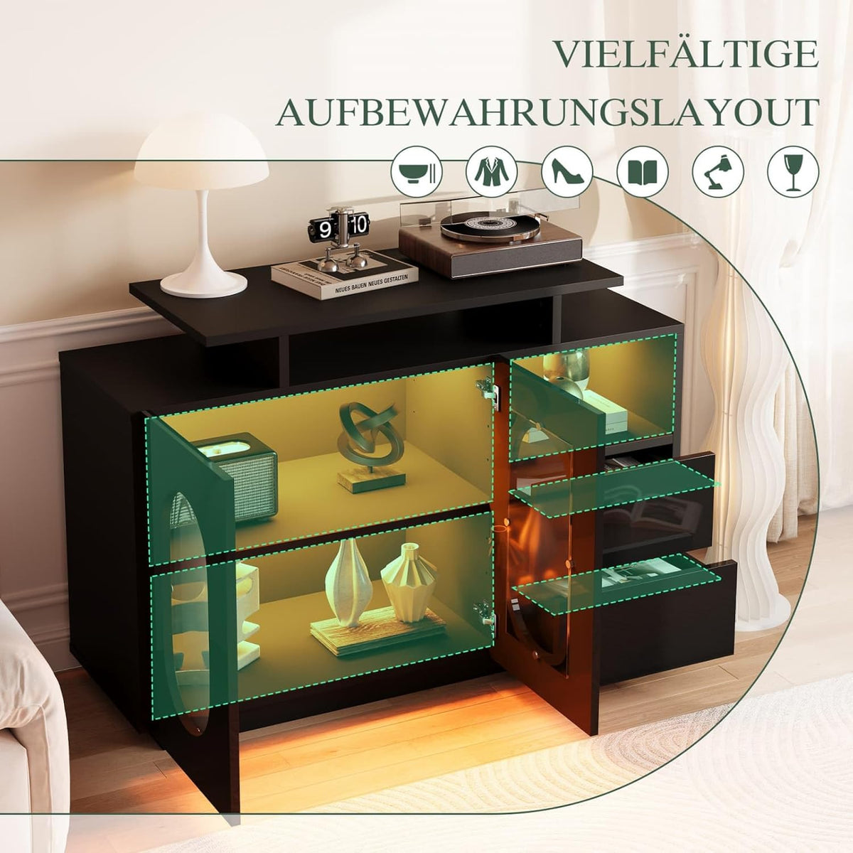 KOMHTOM LED Commode, Buffet en Bois, Armoire de Rangement, Espace Multi-Partitionné, Vitrine Moderne pour Salon, Salle à Manger et Couloir Noir-F