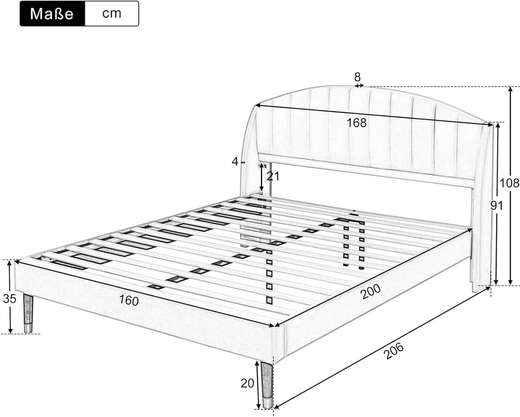 KOMHTOM Lit Double Rembourré en Velours avec Tête de lit, Lit Plateforme pour Adolescents et Adultes,Chambre à Coucher sans Matelas Beige, 160 x 200cm