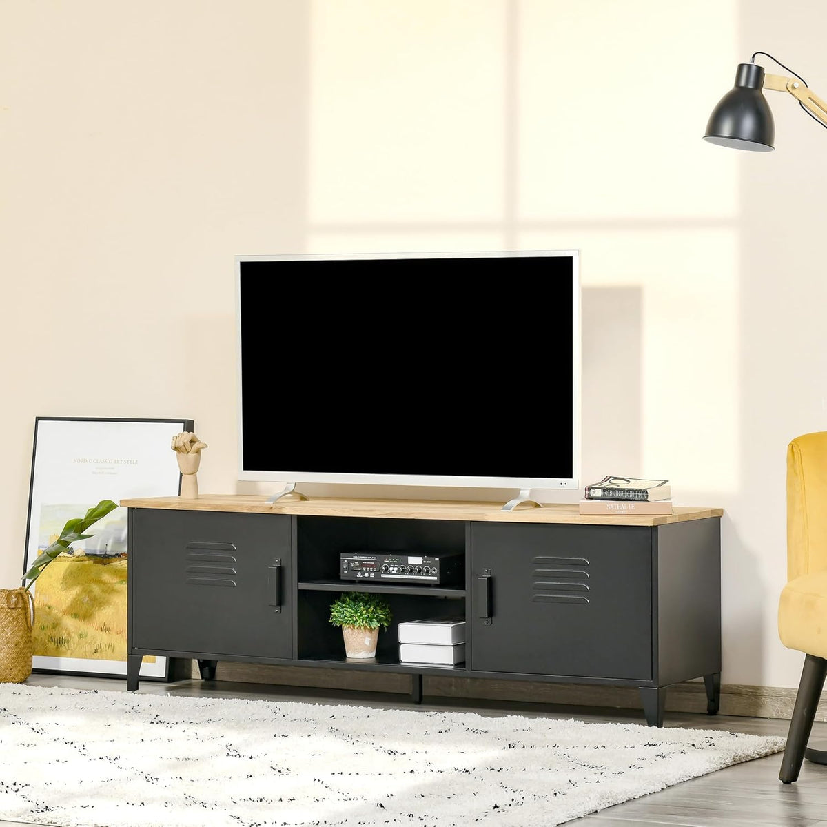 HOMCOM Meuble TV Banc TV pour téléviseurs de 55'' avec 2 Placards Pieds Réglables Cadre métalique Noir Plateau en Bois Naturel 150 x 40 x 50 cm