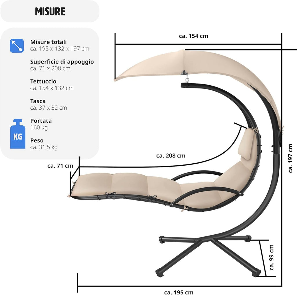 Gardenia Hamac Fauteuil Chaise Longue Suspendue à Bascule avec Pare-Soleil Kelly Beige