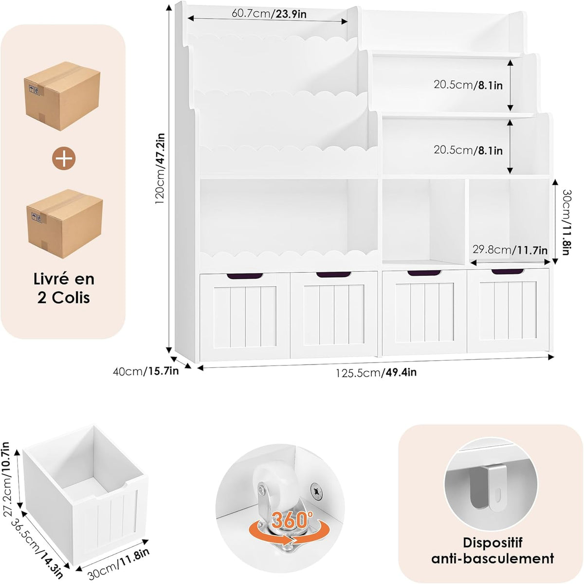 FOREHILL Meuble Rangement Enfant Bibliothèque Enfant avec 4 Boîtes Amovibles 9 Étagères Rangement Jouet pour Chambre d’Enfants Salle de Jeu 125x40x120 cm Blanc