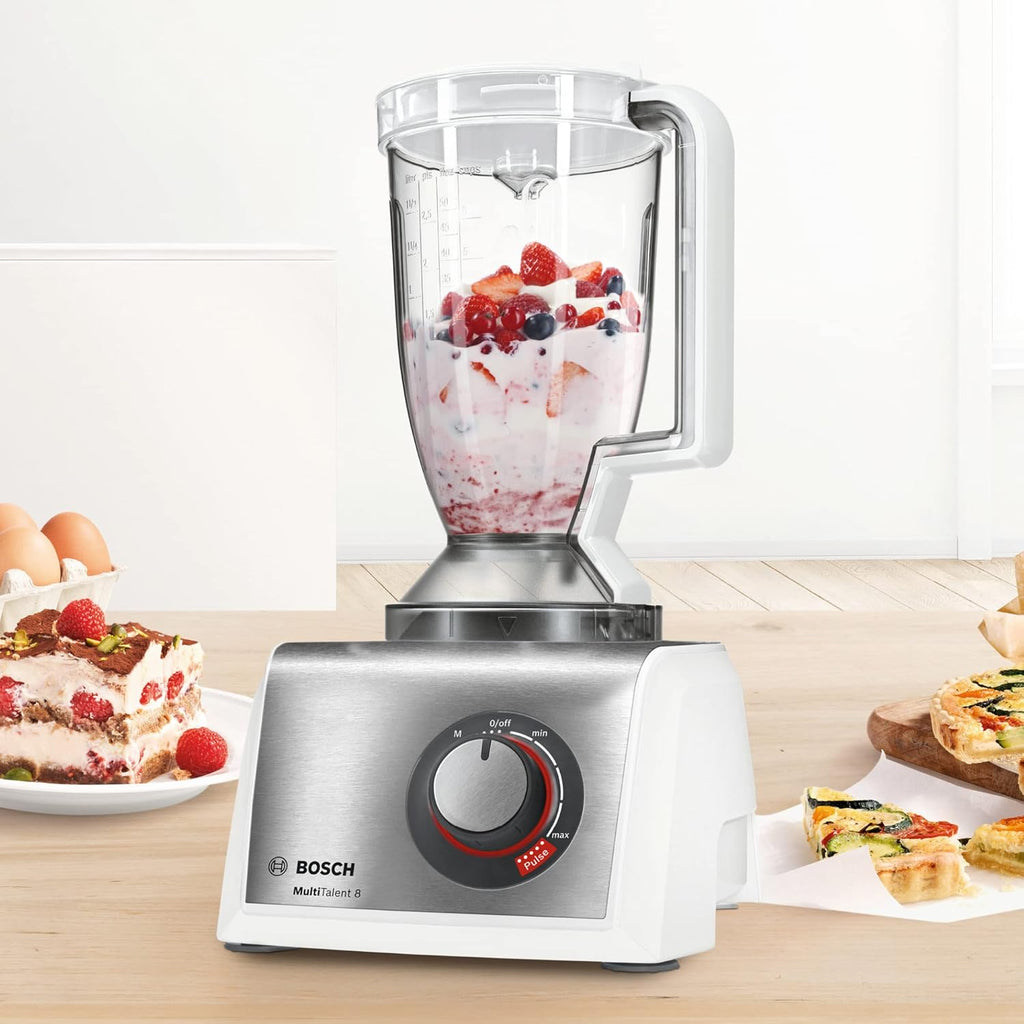 Robot de cuisine compact Bosch MultiTalent 8 MC812S814, 45 fonctions, bol mélangeur XXL 3,9 L, blender 1,5 L, couteau universel, fouet, coupe et râpe fin, grossier , 1250 W, blanc/acier inoxydable
