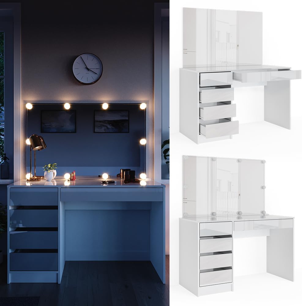 Vicco Coiffeuse Sherry, Blanc, 120 cm avec éclairage LED