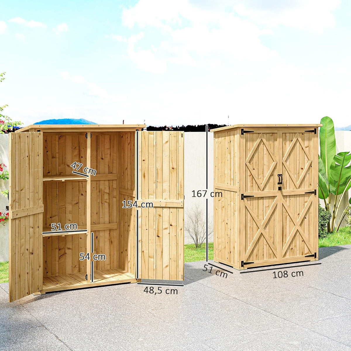 Outsunny Armoire de jardin en bois, abri de jardin avec double porte verrouillable, toit en asphalte, étagère 116,5x57x167cm, résistant aux intempéries, abri de jardin pour le jardin, la terrasse,