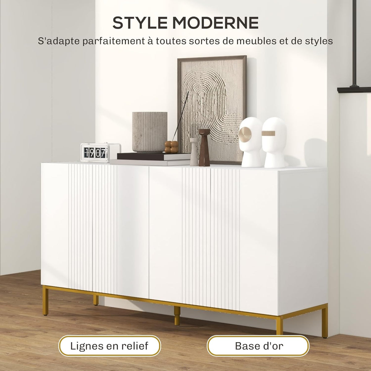 HOMCOM Buffet menuble de Rangement Design Contemporain Graphique 2 placards Porte étagères réglables en Bois Blanc métal doré