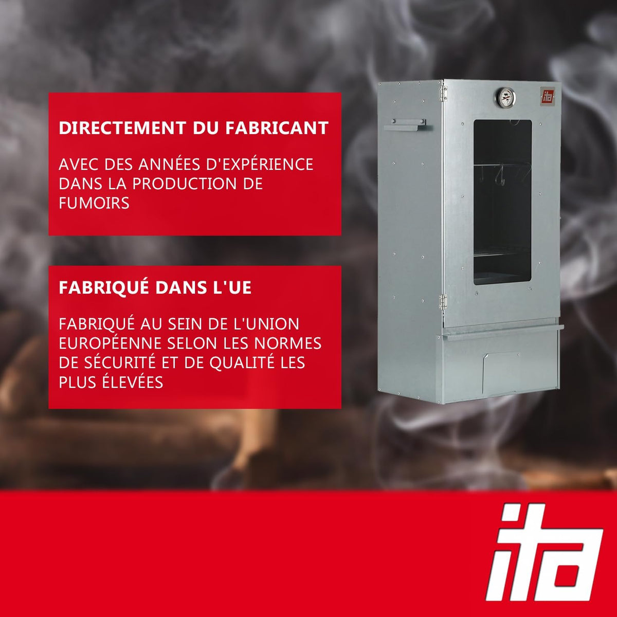 ITA Fumoir Électrique 7002 - Set Smoker avec chauffage, générateur de fumée - Armoire à fumage avec fenêtre & thermomètre - Acier inoxydable - Qualité UE, Direct fabricant - 81 cm avec 3 niveaux