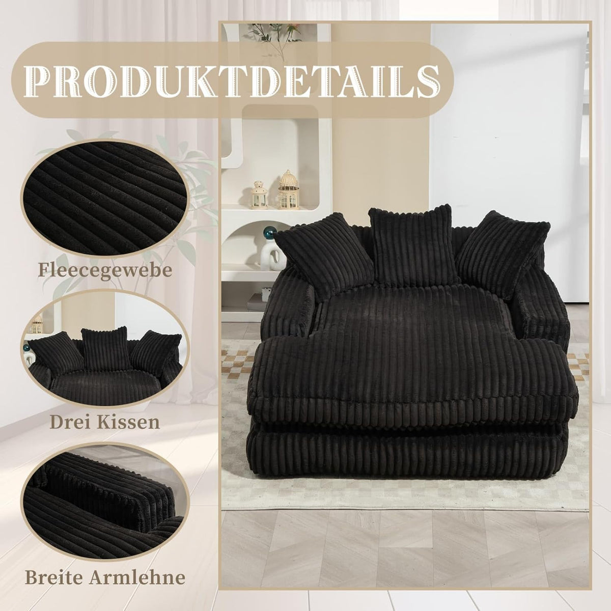 KOMHTOM Canapé-lit Moderne, Canapé Sol pour Les Paresseux, avec 3 Coussins, sans Installation, Idéal pour Chambre, Salon ou cinéma Maison (Noir)