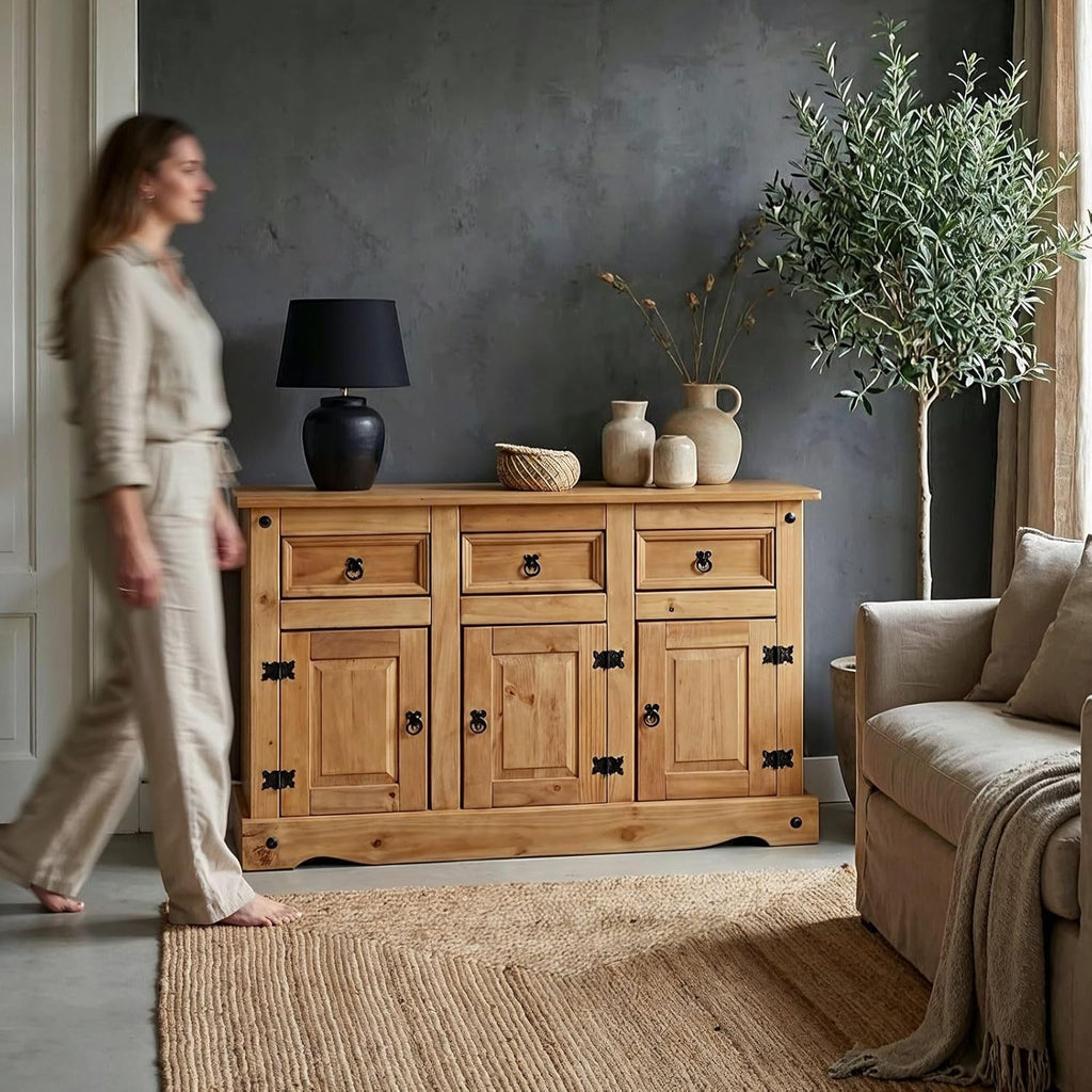 IDIMEX Buffet Salsa Commode bahut vaisselier en Bois Style Mexicain avec 3 Portes battantes et 3 tiroirs, en pin Massif Finition teintée/cirée