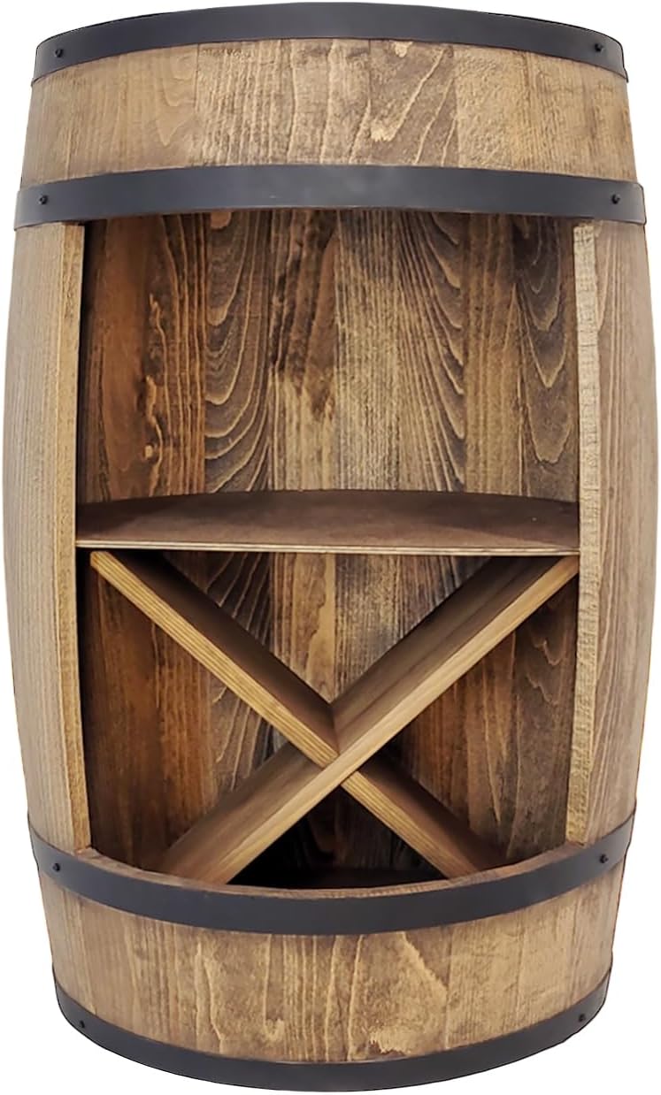 weeco Bar en tonneau en Bois avec casier à vin en X - Meuble Bar Rustique pour Bouteilles - Fût-Bar décoratif - Armoire à liqueurs - 80x50x44cm Marron foncé