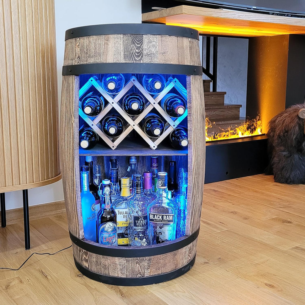 weeco Tonneau Bar en Bois avec Éclairage LED RGB – Casier à Vin avec 2 Étagères et Porte-Bouteilles – Bar Meuble Rustique – 80x50cm – Marron Foncé