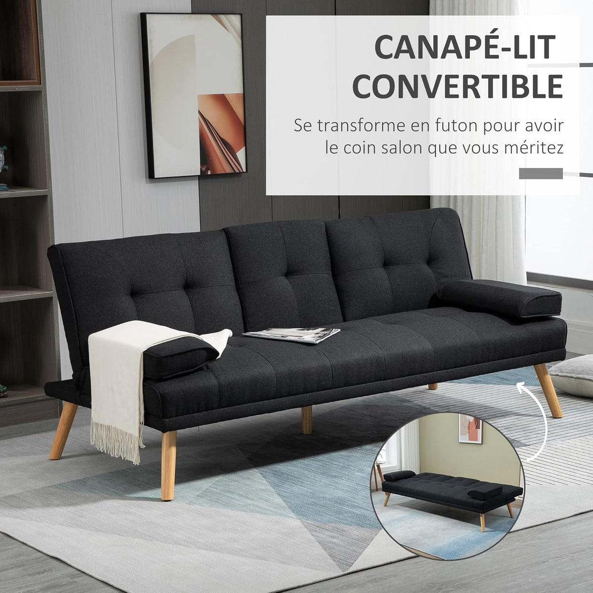 HOMCOM Canapé Convertible 3 Places, canapé-lit rembourré avec Dossier réglable 3 Niveaux, 2 Coussins et 2 Porte-gobelets intégrés, Tissu de Lin, pour Salon, Chambre d'amis, Petit Espace, Gris