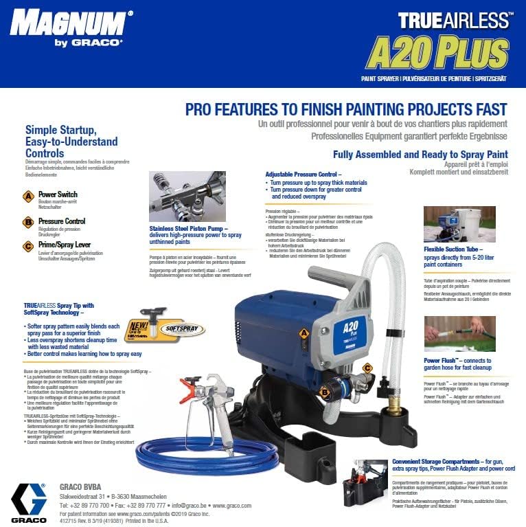 Magnum by Graco 17C243 Pistolet à Peinture airless A20 Plus, Usage Domestique (débit 0,9 l/Min, Pression Max. 207 Bars), Bleu