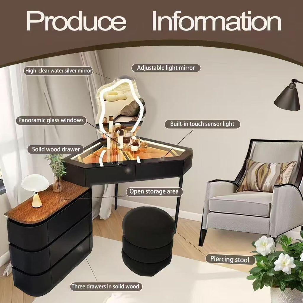 Generisch Ensemble de coiffeuse d'angle avec tabouret, table de maquillage avec 3 éclairages LED réglables/5 tiroirs, table de maquillage en L pour la chambre à coucher, 80 cm Noir