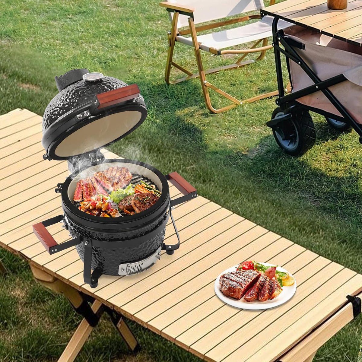 Kamado Barbecue en céramique, 50 x 47 cm, barbecue au charbon de bois, fumoir en céramique pour pique-nique et patio, barbecue en céramique pour petits barbecues, pique-niques, barbecues, camping