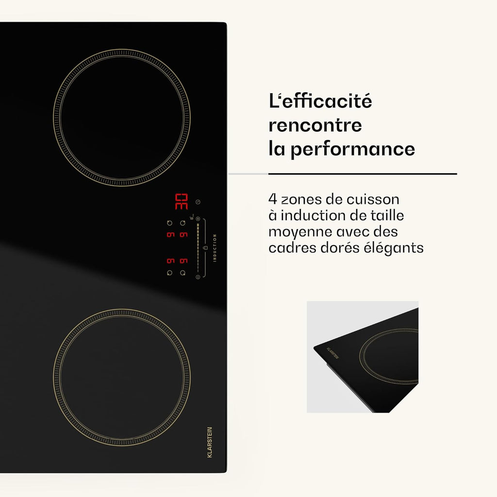 Klarstein Victoria Plaque À Induction Encastrable - 4 Zones, 7000 W Avec Boosters, Curseur & Minuterie, Verrouillage Parental, Vitrocéramique Noire, Largeur 59 cm