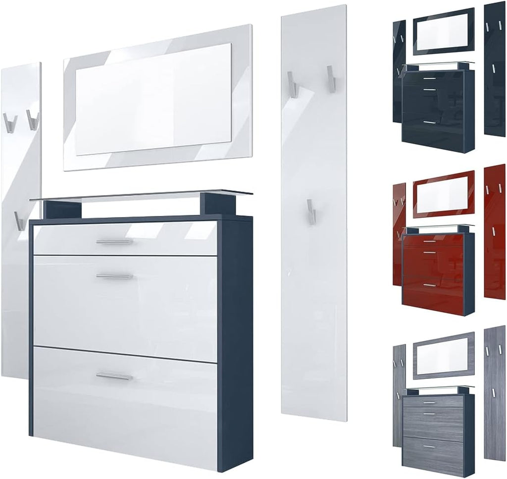 Vladon Penderie Malea, Meuble d’entrée Comprenant 1 Commode à Chaussures Murale, 1 Miroir Mural et 2 Panneaux Porte-Manteaux, Anthracite Mat/Noir Mat