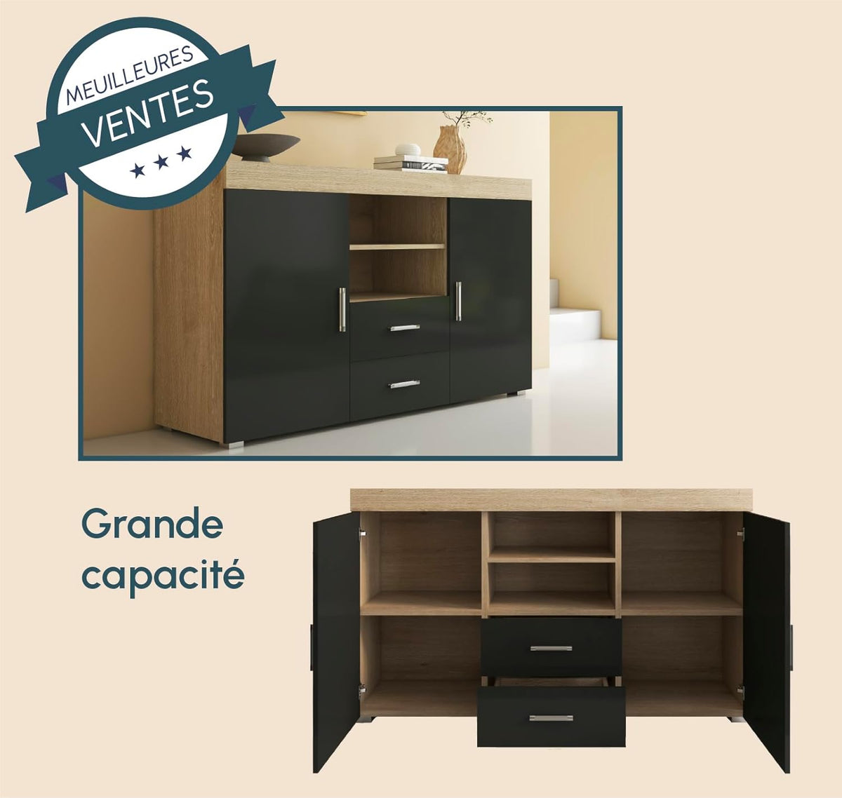 MB Muebles Bonitos, Buffet Roque pour Salon et Salle à Manger Moderne, Meuble TV en Mélamine, Couleur Sonoma Mat et Noir Brillant, 140x80x40 cm