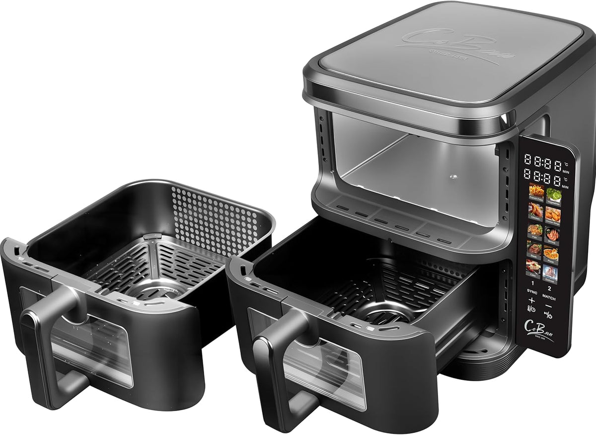 COBNN Friteuse à air verticale double compartiment, 11L Dual Zone Airfryer avec écran couleur pliable, 10 programmes, fenêtre de visualisation, matériau ignifuge V0, 2800W