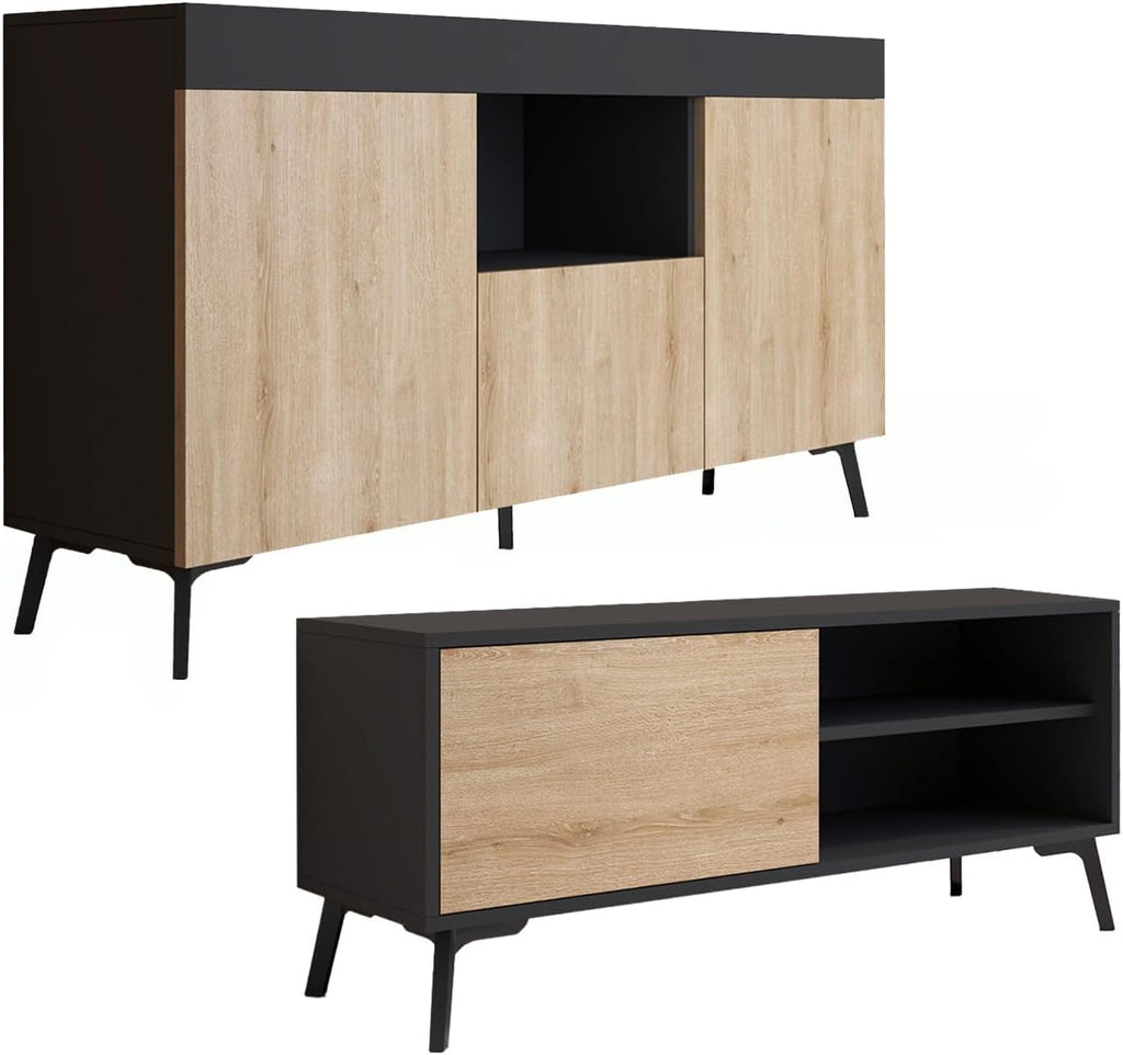 MB Muebles Bonitos, Ensemble de Meubles de Salon Kai avec Buffet et Meuble TV, Design Moderne, Mélamine Mate, Couleur Noir et Sonoma