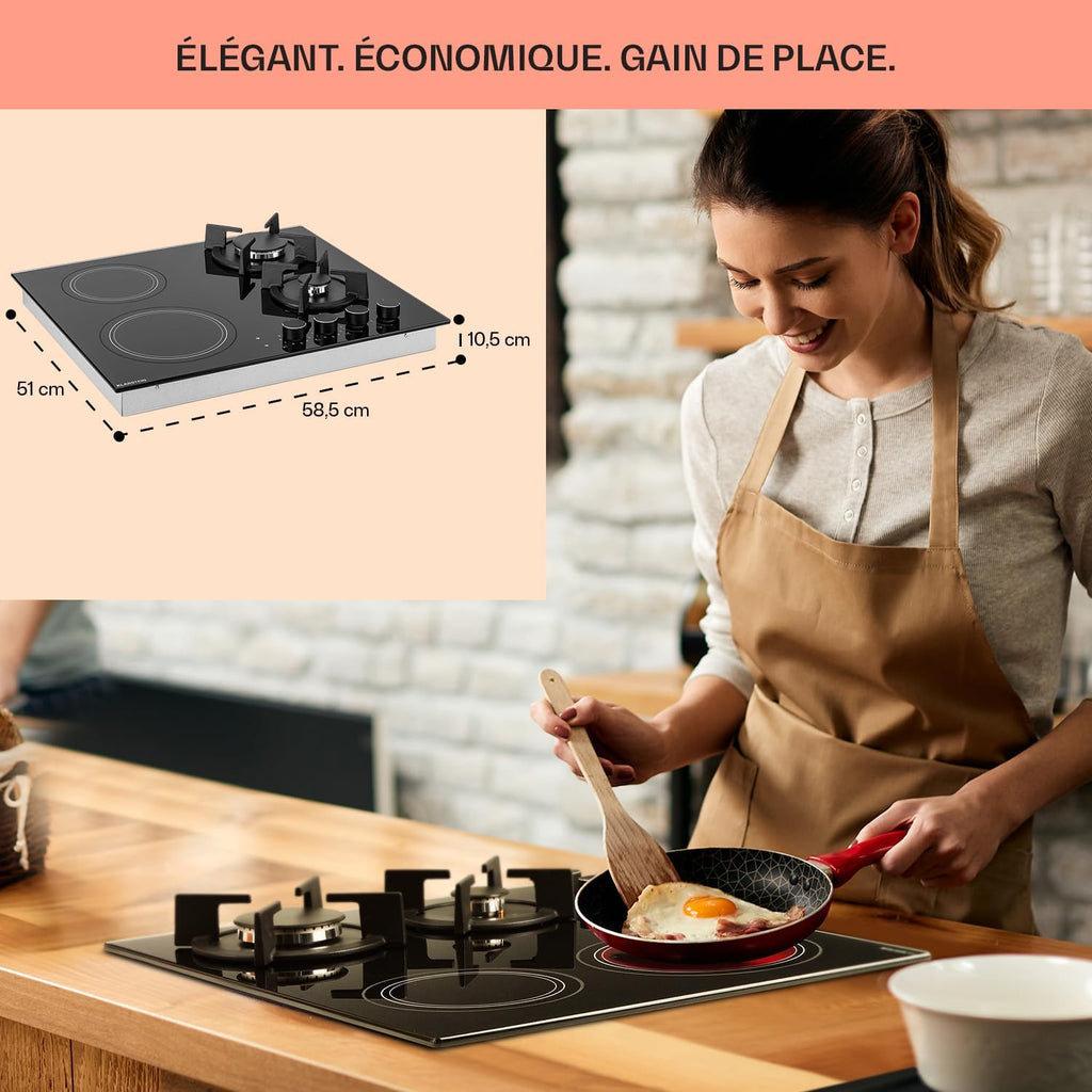 Klarstein Plaque de Cuisson Mixte 4 Feux, Vitrocéramique et Gaz, Acier Inoxydable, 6.4kW