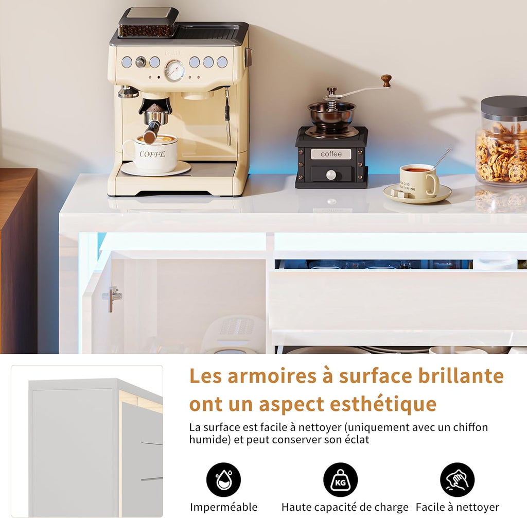LONELYO Buffet Blanc Laqué 4 Portes2 Tiroirs avec Éclairage LED, Meuble de Rangement Moderne pour Salon, Cuisine ou Entrée, Design Haut Brillant Blanc