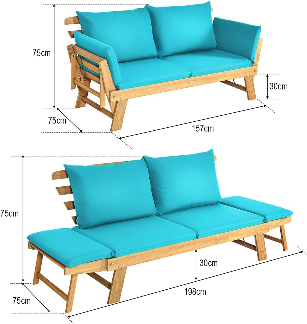 GIANTEX Daybed Canapé-lit pliable pour extérieur 2 personnes avec coussins et oreillers, cadre en bois pour porche avant et patio arrière Bleu turquoise
