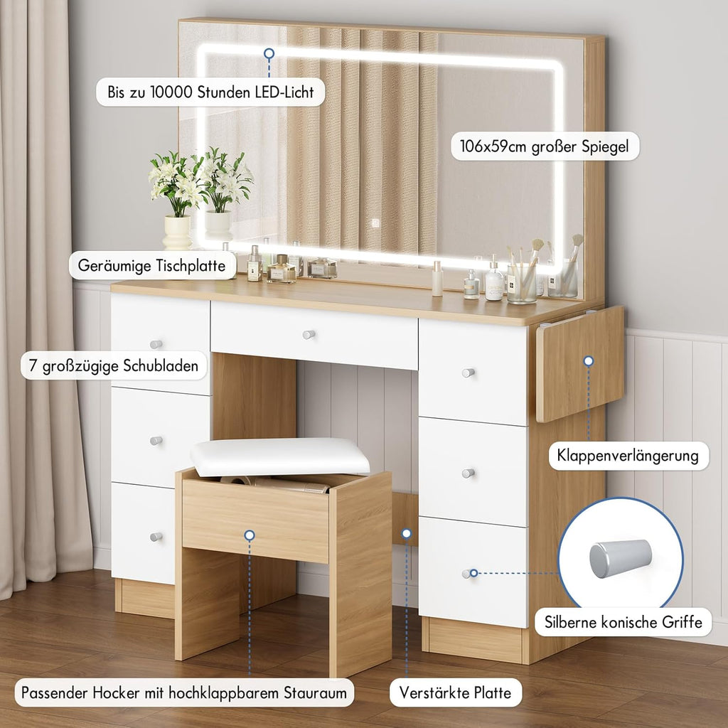 ALFORDSON Ensemble de coiffeuse avec miroir et prises de courant, table de toilette avec tabouret de rangement, 7 tiroirs et plateau pliable, 3 modes de couleur et 10 niveaux de gradation,Couleur bois