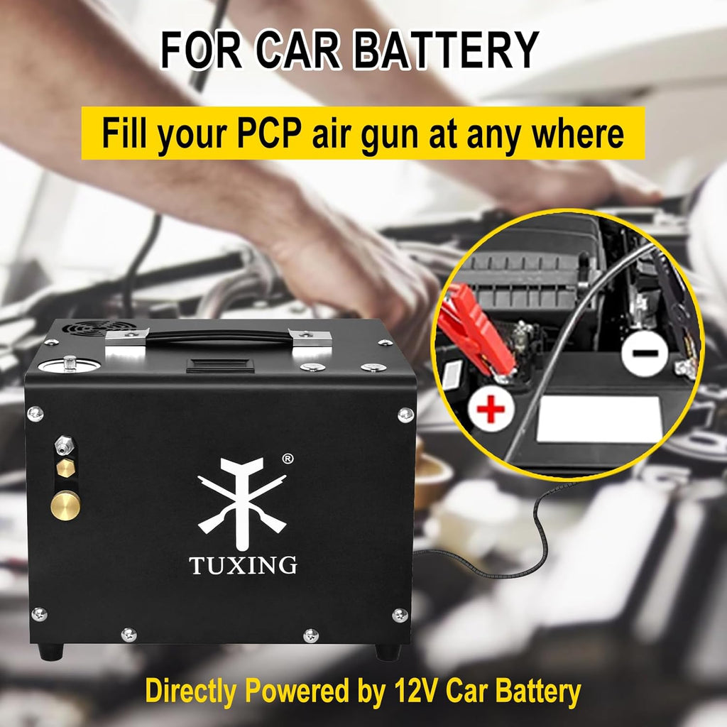 TUXING Compresseur d'air PCP 4500 psi/30 Mpa, arrêt automatique, pistolet et pompe de paintball avec séparateur eau/huile, alimentation intégrée (220 V AC ou batterie)