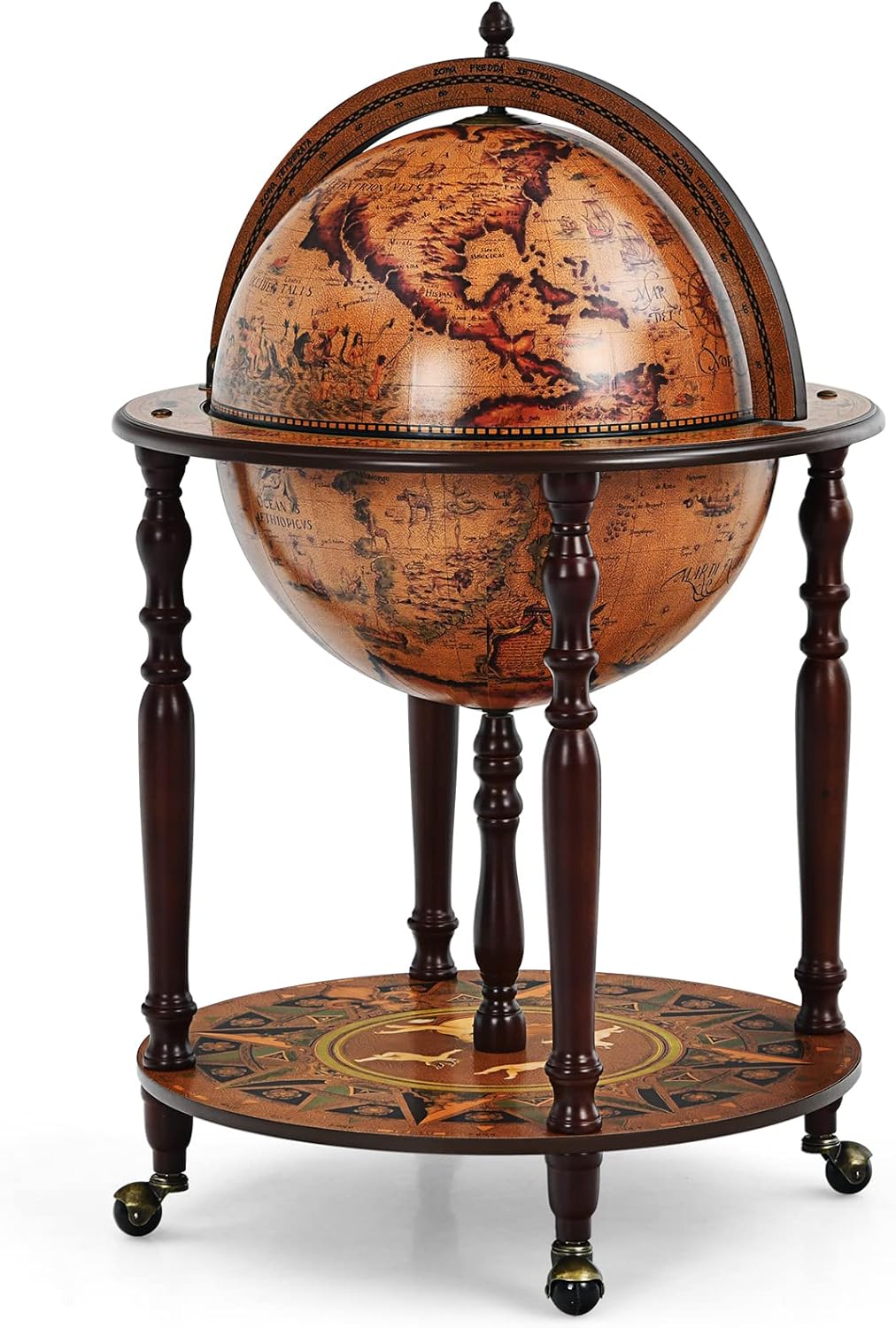 GOPLUS Bar Globe Terrestre Mappemonde à Vin en Bois φ45 CM, Chariot de Bar Forme Globe avec 4 Pieds et 4 roulettes, Porte-Bouteille Bar d’Angle avec Couvercle pour Salon, Salle à Manger (Marron)