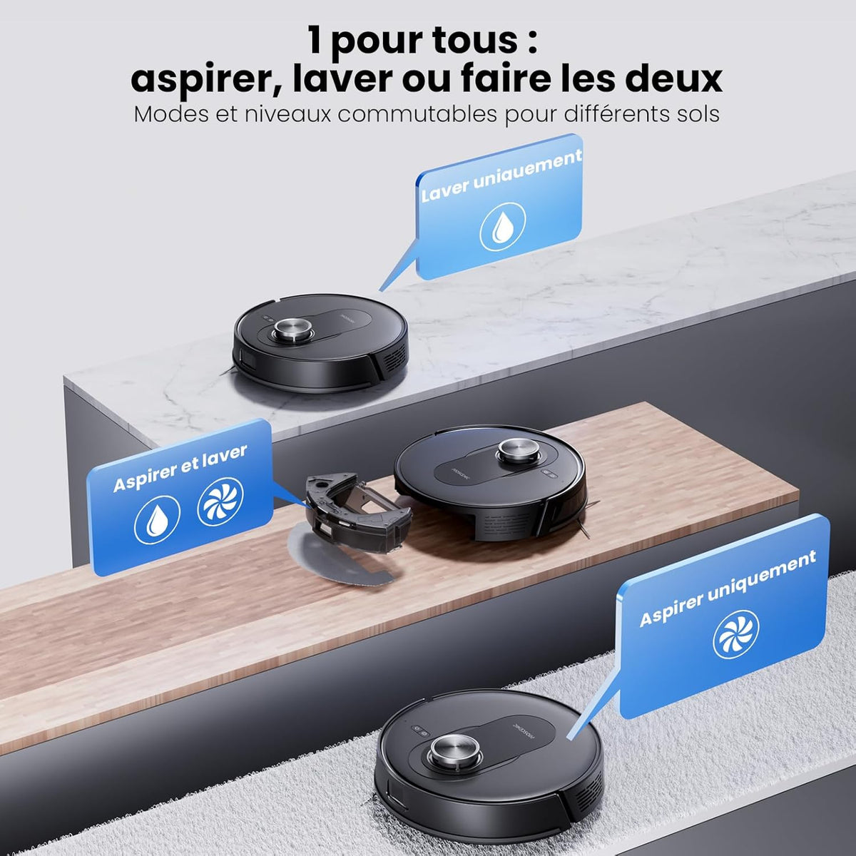 Proscenic Q8 Aspirateur Robot,6000Pa 200Mins Robot Aspirateur Laveur avec Serpillière,Navigation Lidar,Multi-étage Cartographie pour Poils Animaux Tapis Sols Durs,Connecté App Alexa Siri IFTTT